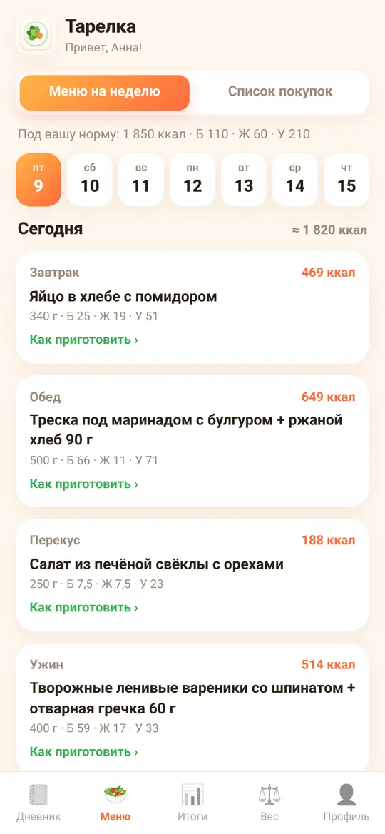 Меню на неделю с завтраком, обедом, перекусом и ужином
