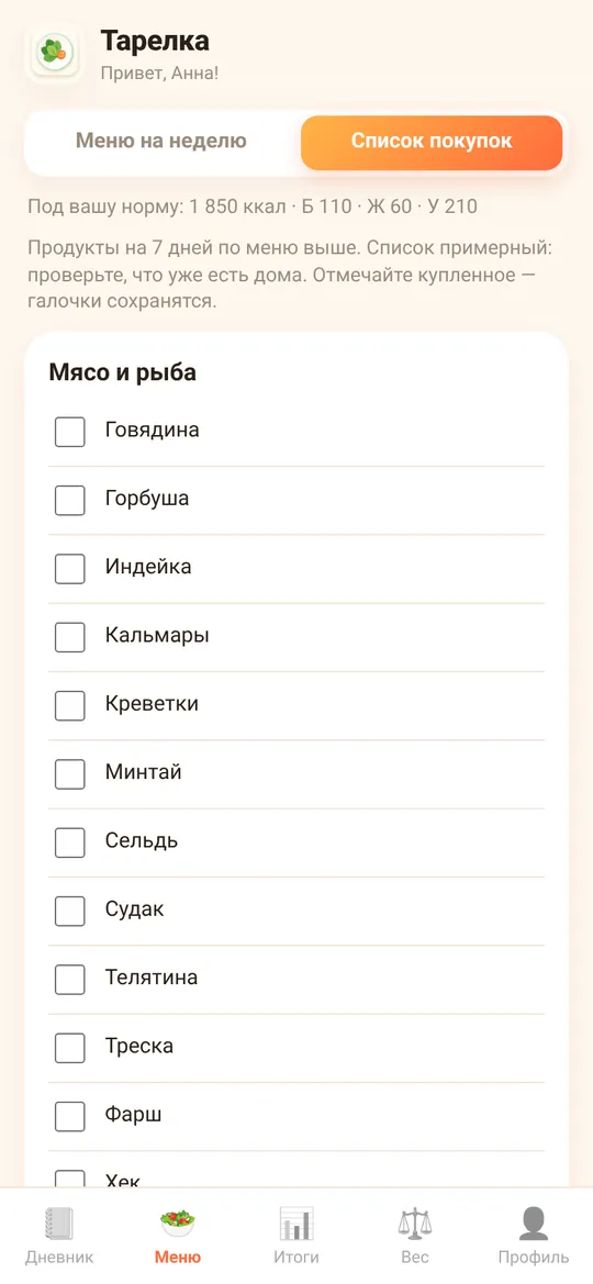 Список покупок на неделю